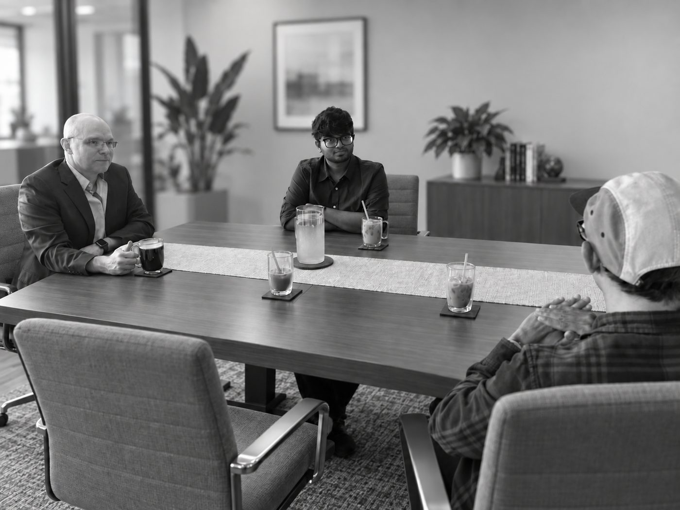 The Think Beyond team meeting with a client around a table